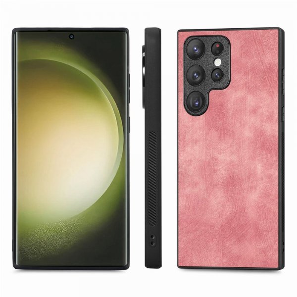 Enkay Samsung Galaxy S23 Ultra Skal med Skärmskydd Lädertextur Rosa