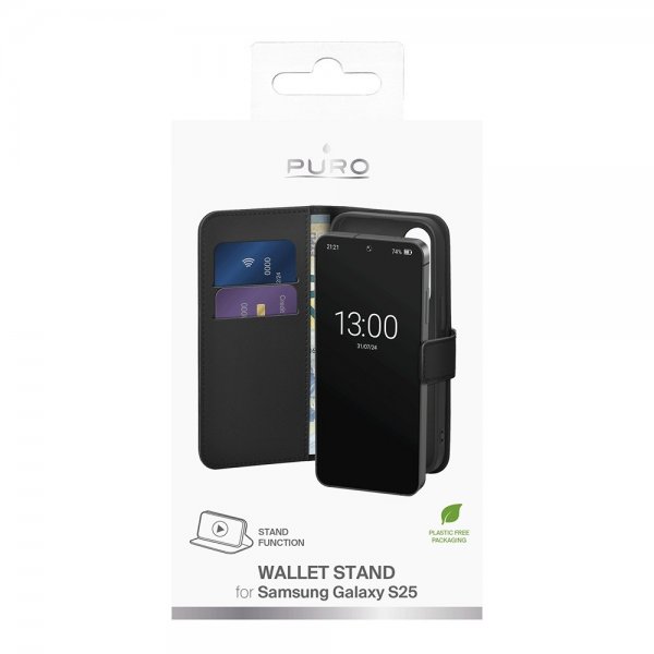 Puro Samsung Galaxy S25 Fodral Wallet Stand Svart