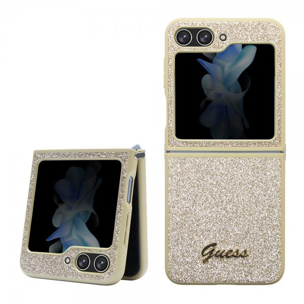 Guess Samsung Galaxy Z Flip 5 Skal Glitter Flakes Metal Logo Guld