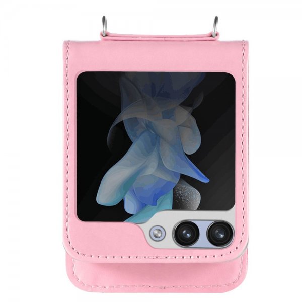 Samsung Galaxy Z Flip 5 Skal med Axelband Kortfack Rosa
