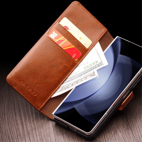 Qialino Samsung Galaxy Z Fold 5 Fodral Äkta Läder Brun
