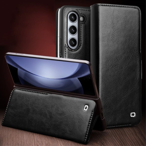 Qialino Samsung Galaxy Z Fold 5 Fodral Äkta Läder Svart