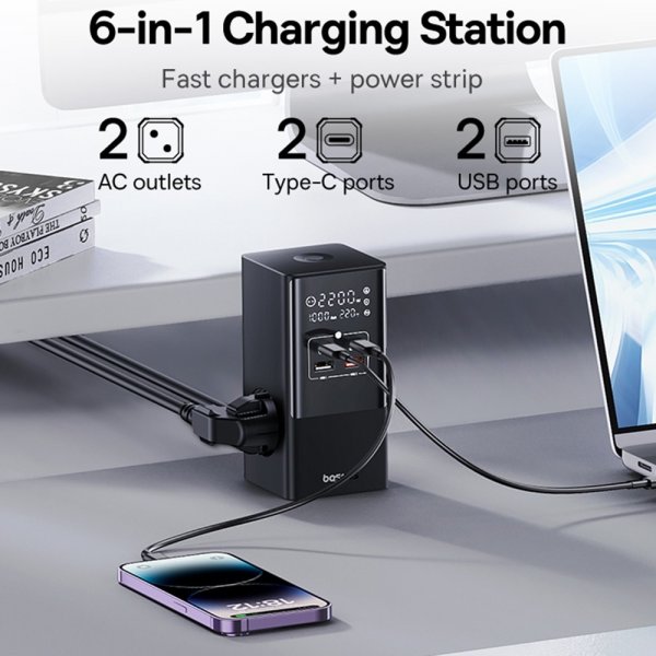 Baseus Skrivbordsladdare PowerCombo Tower Power Strip 100W Svart