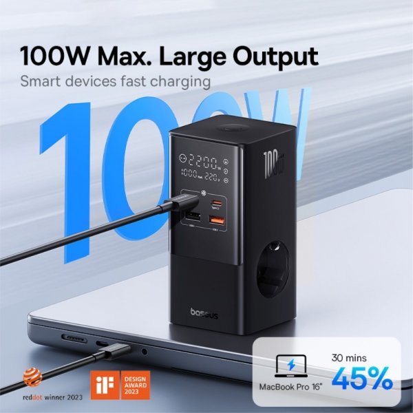 Baseus Skrivbordsladdare PowerCombo Tower Power Strip 100W Svart