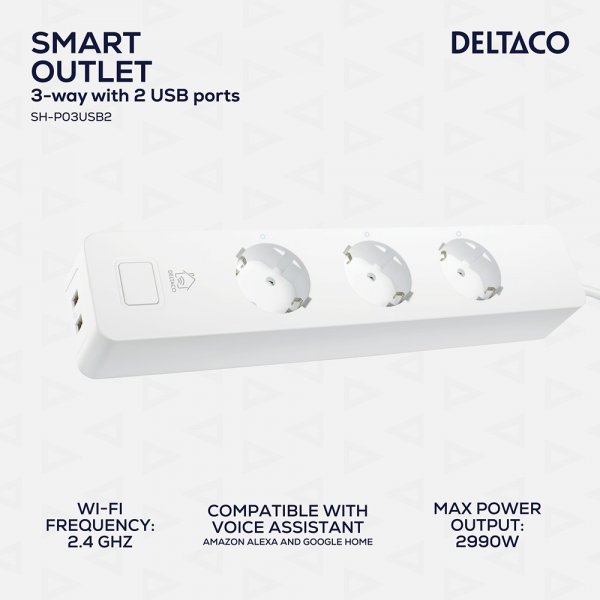 Deltaco Smart Home Smart Grenuttag WiFi 3xCEE 7/3 & 2xUSB-A 1.5m