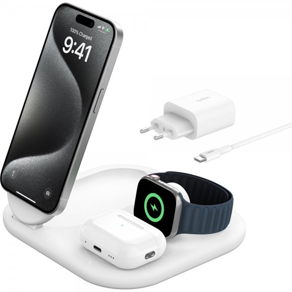 Belkin Trådlös Laddare BoostCharge 3-in-1 Foldable MagSafe Qi2 15W Vit