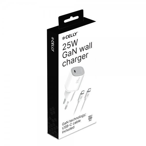Celly 25W GaN USB-C Väggladdare med USB-C Kabel