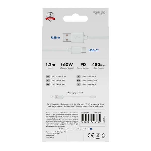 X2O USB-A till USB-C Kabel Basic 60W 1.2m Vit