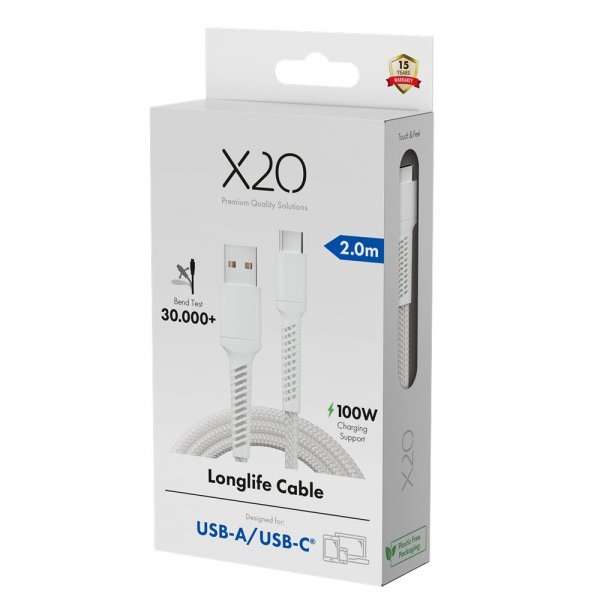 X2O USB-A till USB-C Kabel Longlife 60W 2m Vit