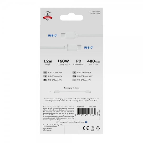 X2O USB-C till USB-C Kabel Basic 60W 1.2m Vit