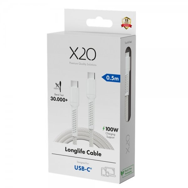 X2O USB-C till USB-C Kabel Longlife 100W 0.5m Vit