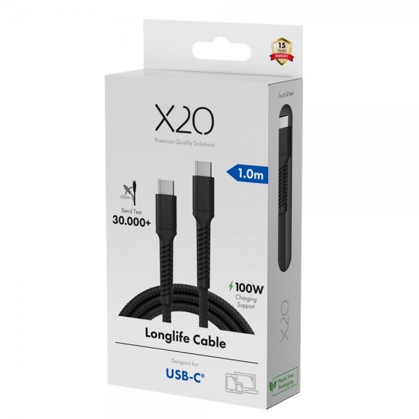 X2O USB-C till USB-C Kabel Longlife 100W 1m Svart
