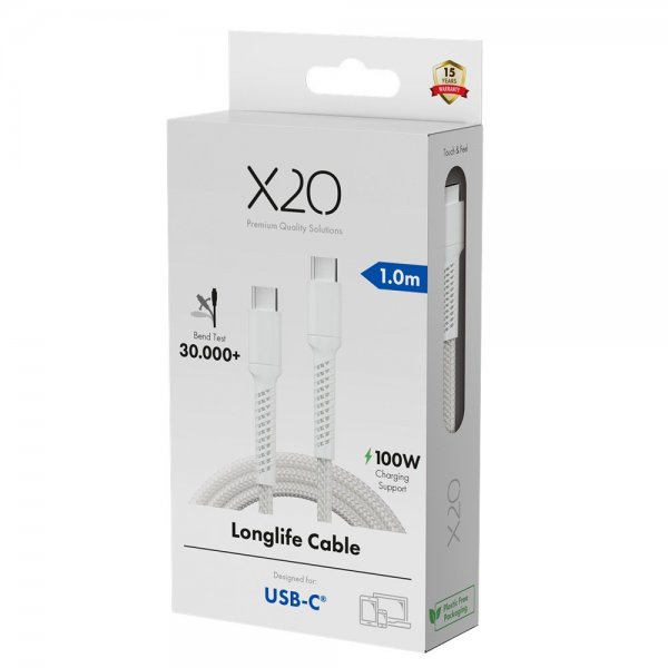 X2O USB-C till USB-C Kabel Longlife 100W 1m Vit