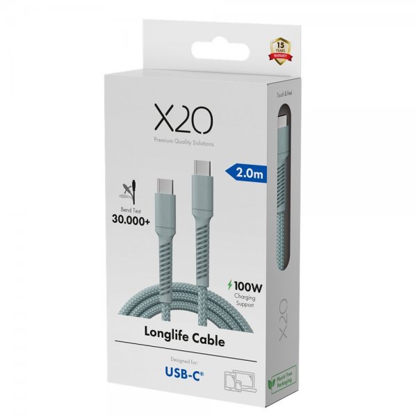 X2O USB-C till USB-C Kabel Longlife 100W 2m Blå