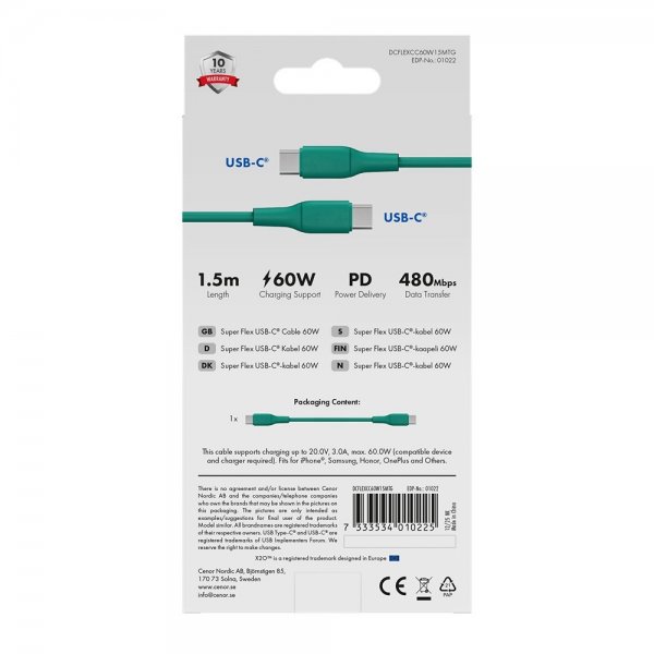 X2O USB-C till USB-C Kabel Superflex 60W 1.5m Grön
