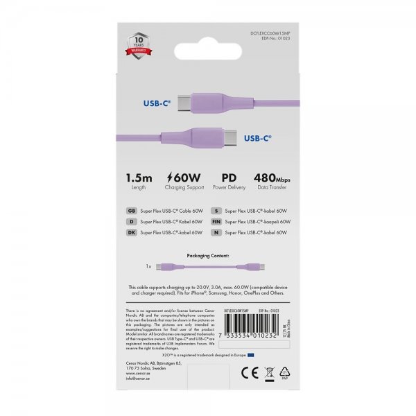 X2O USB-C till USB-C Kabel Superflex 60W 1.5m Rosa