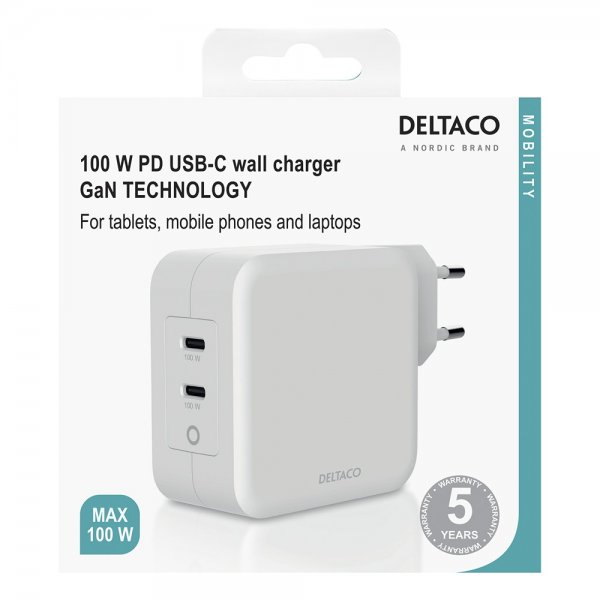 Deltaco Väggladdare 2xUSB-C PD GaN 100W