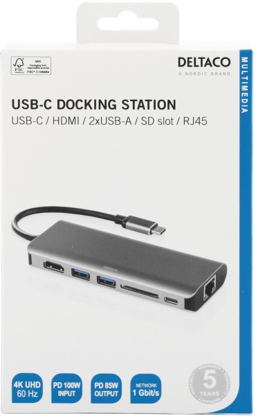 Deltaco Dockningsstation USB-C med HDMI/RJ45/USB-A Rymdgrå