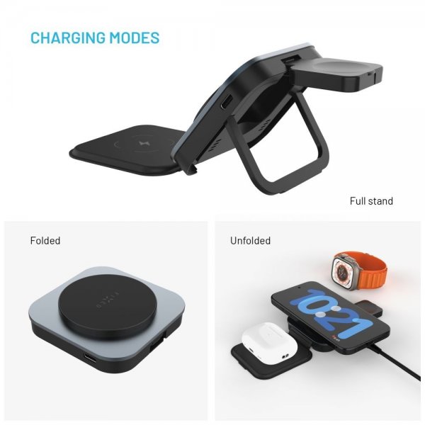 Fixed Vikbar Trådlös Laddare MagFlex Alu 3i1