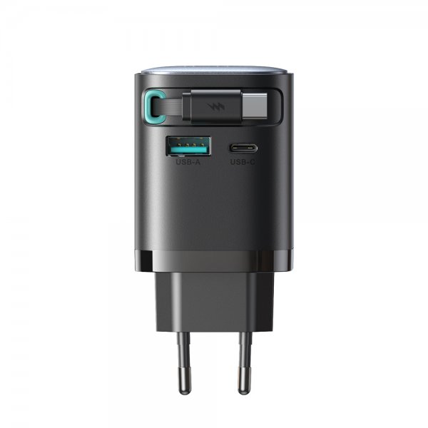 Joyroom 65W Väggladdare med inbyggd USB-C kabel & USB-A/USB-C uttag Svart