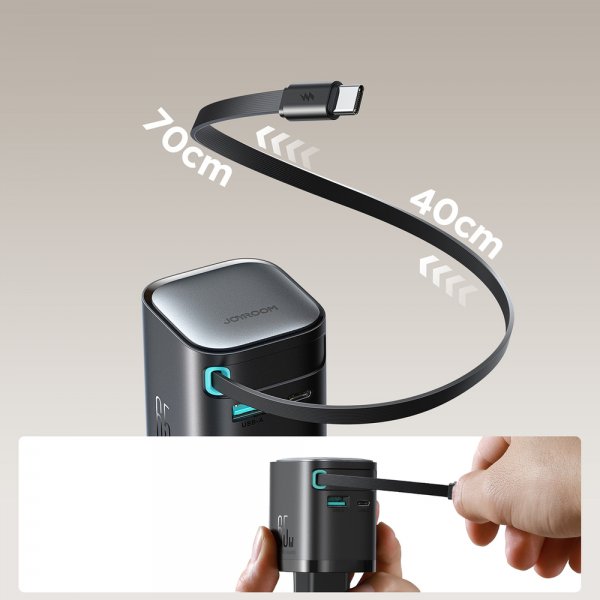 Joyroom 65W Väggladdare med inbyggd USB-C kabel & USB-A/USB-C uttag Svart