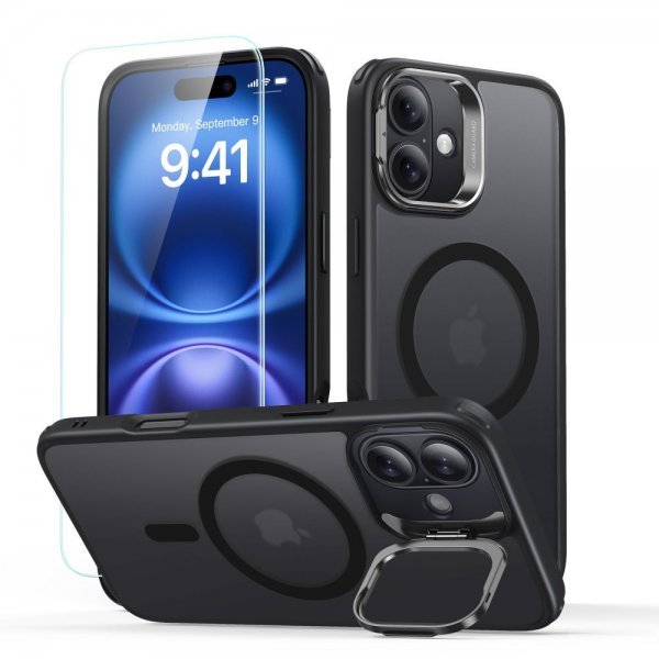 ESR iPhone 16 Skal och Skärmskydd Classic Hybrid Kickstand MagSafe Set Frostad Svart