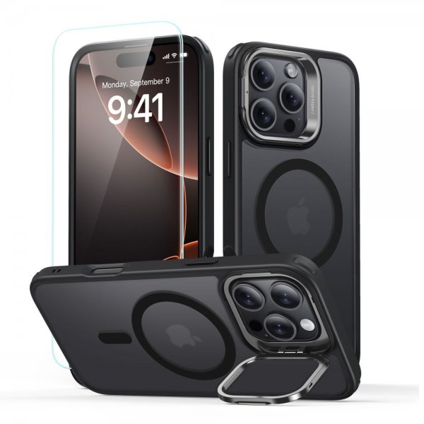 ESR iPhone 16 Pro Skal och Skärmskydd Classic Hybrid Kickstand MagSafe Set Frostad Svart