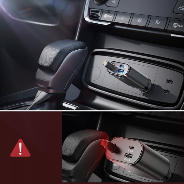 Joyroom 45W Billaddare med inbyggd USB-C kabel & USB-A/USB-C uttag Grå