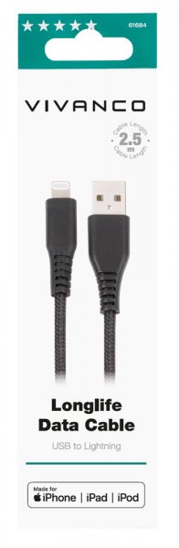 Vivanco Kabel Longlife Braided USB-A/Lightning 2.5m Svart
