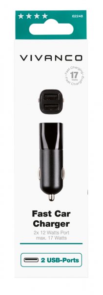 Vivanco Billaddare Fast Car Charger 2xUSB-A 17W Svart