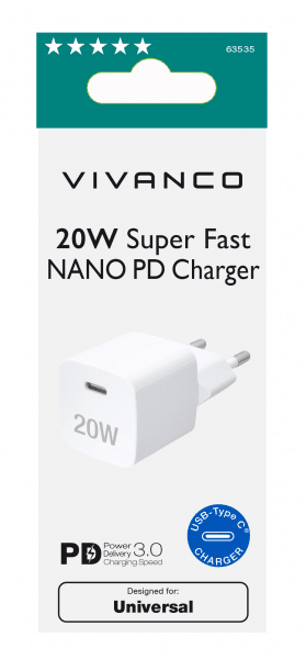 Vivanco Laddare 20W Super Fast NANO PD Charger Vit