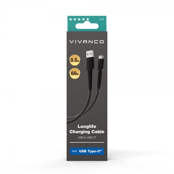 Vivanco Kabel Longlife Braided USB-A/USB-C 0.5m Svart