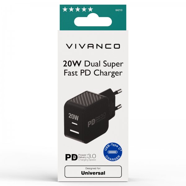 Vivanco Laddare 20W Dual Super Fast PD Charger Svart