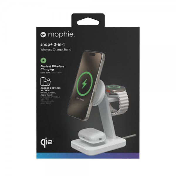 Mophie Trådlös Laddare Snap+ 3-in-1 Wireless Charge Stand Qi2 MagSafe Vit