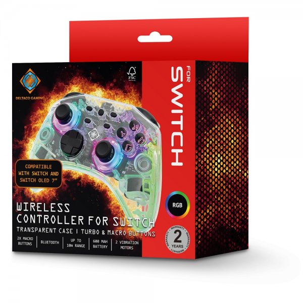 Deltaco Gaming Trådlös Kontroll för Nintendo Switch Transparent RGB