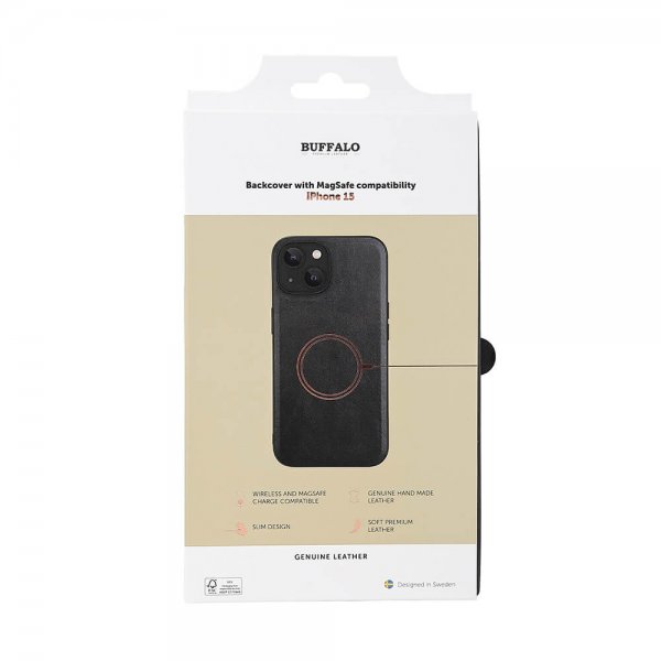 Buffalo iPhone 15 Skal Äkta läder MagSeries Svart
