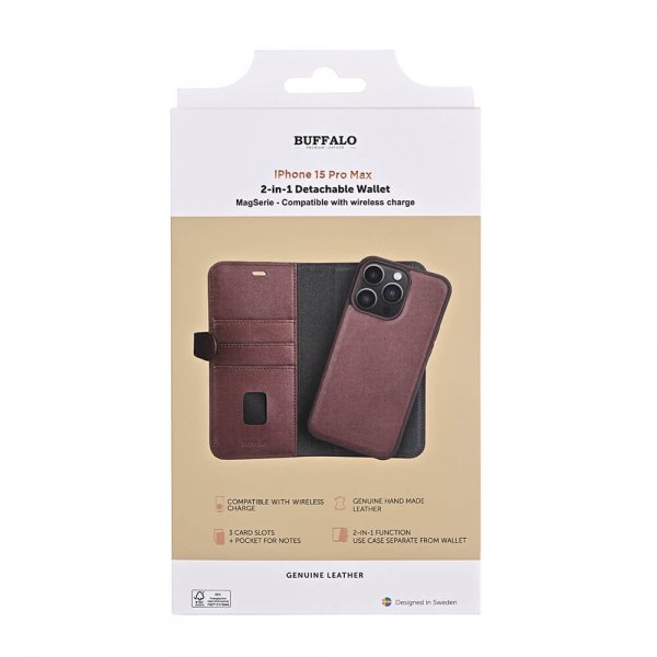 Buffalo iPhone 15 Pro Max Fodral 3 Kortfack Löstagbart Skal MagSeries Brun