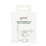 Gear Laddare 2xUSB 3.4A Vit USB-C Kabel 1m
