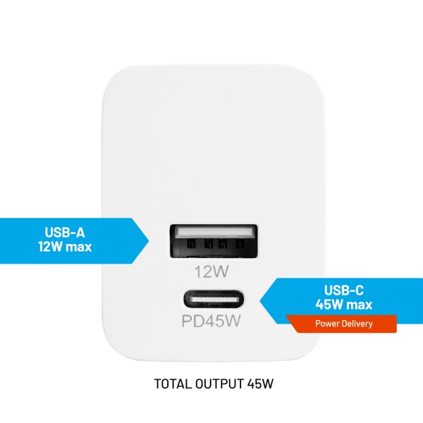 Fixed Laddare Dual Port 45W USB-C PD & USB-A