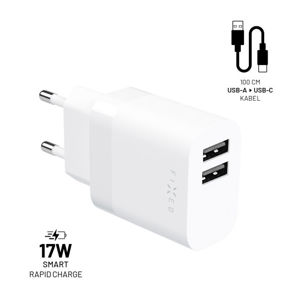 Fixed Laddare med USB-C Kabel 1m 2xUSB-A 17W Vit