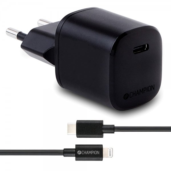 Champion Laddare med Kabel Fast Charger Kit USB-C till Lightning 20W Svart