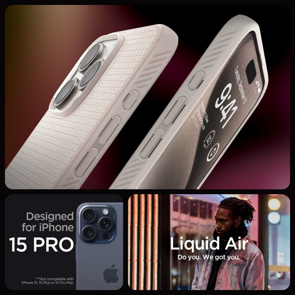 Spigen iPhone 15 Pro Skal Liquid Air Natural Titanium