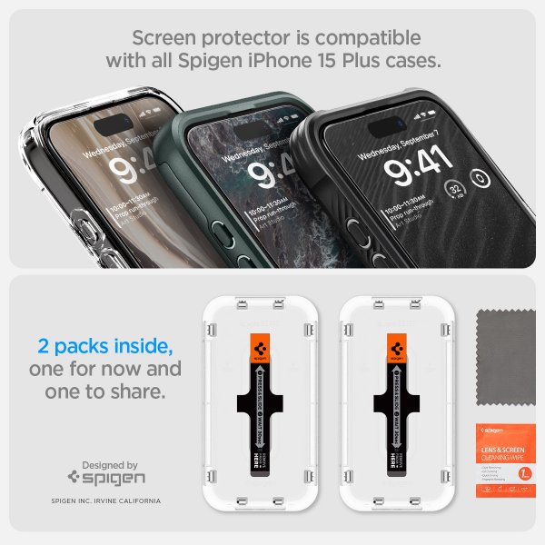 Spigen iPhone 15 Plus Skärmskydd GLAS.tR EZ Fit FC Svart 2-pack