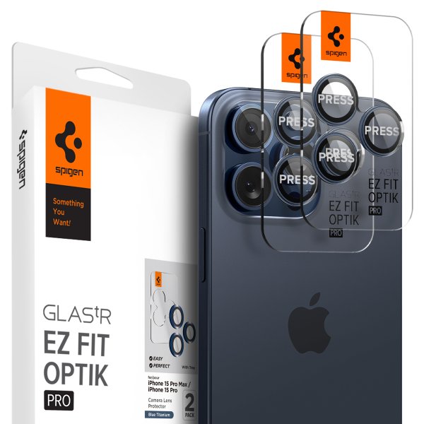 Spigen iPhone 15 Pro/iPhone 15 Pro Max Kameraskydd GLAS.tR EZ Fit Optik Pro 2-pack Blue Titanium
