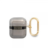 Guess AirPods 1/2 Skal Printed Stripe & Gold Hook Svart