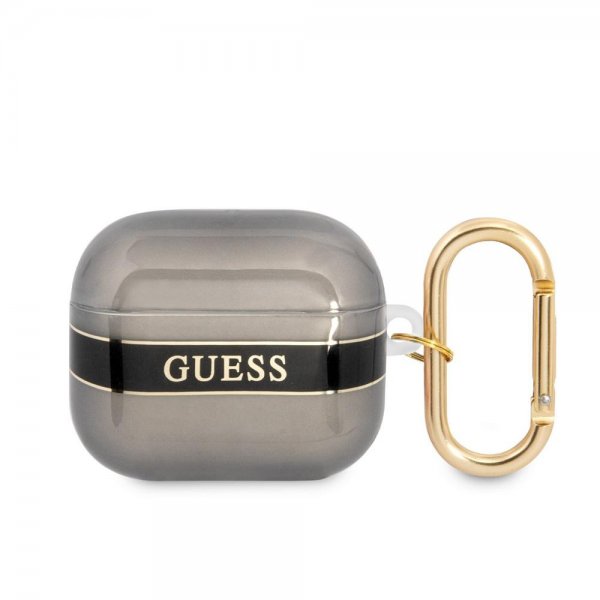 Guess AirPods 3 Skal Printed Stripe & Gold Hook Svart