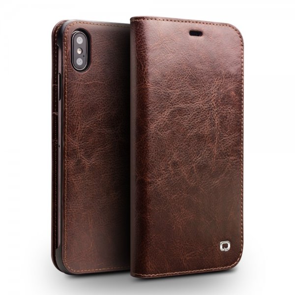 Qialino iPhone Xs Max Fodral Äkta Läder Kortfack Brun