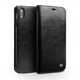 Qialino iPhone Xs Max Fodral Äkta Läder Kortfack Svart