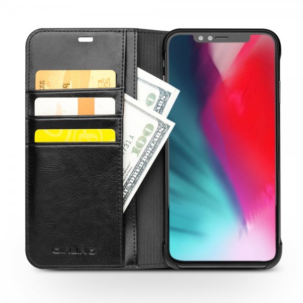 Qialino iPhone Xs Max Fodral Äkta Läder Kortfack Svart