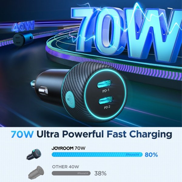 Joyroom Billaddare CCN02 70W Dual PD Car Charger with Light Button USB-C